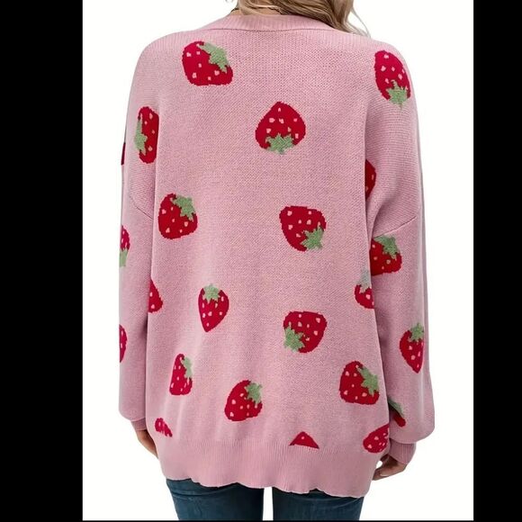 Women’s Pink Strawberry Cardigan Sweater - Picture 4 of 10